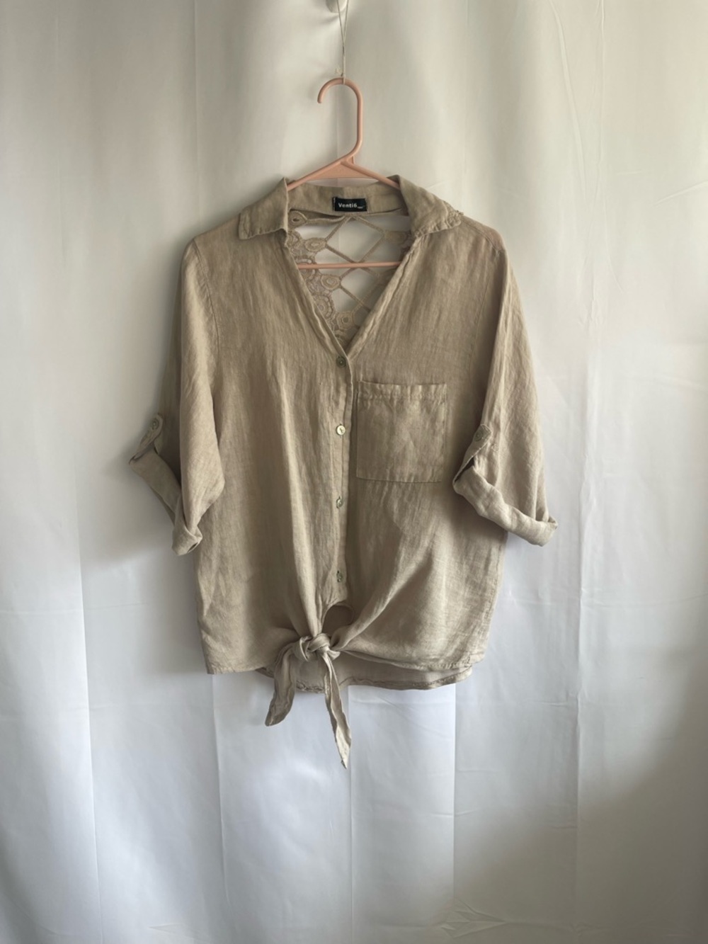 Vessutti Taupe Tie-Front Button Blouse